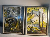 Photo showing two original acrylic or oil paintings on canvas, both framed. Left painting with dark forest theme and right painting with lighter, yellow and water motif.