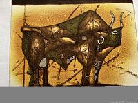 Stylized bull painting in earthy greens and browns with geometric and symbolic marks, warm textured background.