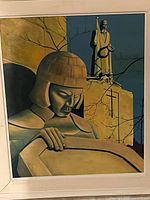 Oil painting depicting a bowed soldier with shield and statue in background, white frame