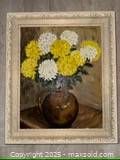 Photo of a framed original floral painting showing white and yellow chrysanthemums in a brown vase.