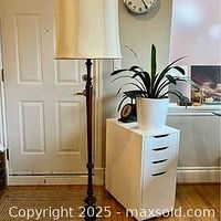 Full view of the Victorian era turned wood floor lamp with fabric shade next to furniture, approximately 6 feet tall.
