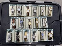 Full view of all 17 watches in original Citadel cases arranged on black surface