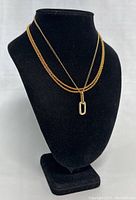 Two layered necklaces displayed on black bust; gold-tone chains with an oval clear crystal pendant on one. Shows length and design.