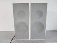 Front view of pair of Braun L40 speakers with metal mesh grille covering drivers, beige cabinet.