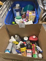 Box containing various spray cans and bottles including insecticides, paints, lubricants, and household chemicals along with light bulbs and funnels visible in blue bin.