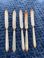 Five vintage Rogers Bros 1847 silver butter spreaders arranged in a row on a blue textured background, showing blades and handles.
