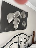 Photo showing the large black and white lily picture hung above a bed with a metal headboard.