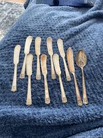 Photo showing all 10 utensils laid out on a dark blue textured fabric, 8 butter knives, 1 teaspoon, and 1 larger butter knife with slightly different shape.