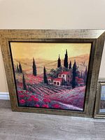 Large 30x30 framed landscape print showing a rustic setting with trees and flowers