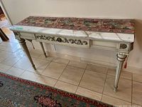 Angled front view showing console table with runner in place