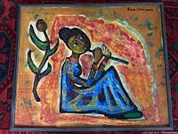 Full view of the framed painting showing seated figure and plant motif