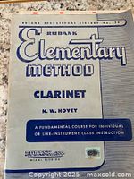 Front cover of Rubank Elementary Method Clarinet instructional book by N.W. Hovey, showing vintage design and publisher details.