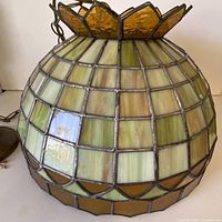 Full view of lamp shade on table showing overall color palette and pattern
