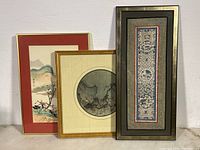 Photo of the three framed Chinese art wall hangings together showing relative size and framing details