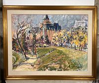 Full view of framed painting showing building, trees, pathway, mat and frame