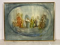 Full view of framed watercolor painting depicting abstract string instruments in muted tones.