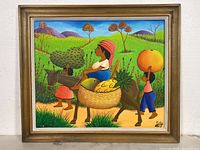 Full front view of framed oil painting showing rural scene with figures and donkey