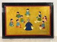 Full view of framed lacquered pastel painting on panel by Thanh Le Cong, showing children and teacher scene on mustard background, in black and red lacquered frame with visible wear.