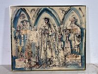 Full view of framed watercolor painting showing stylized figures under arches in blue, black, and beige in metal frame