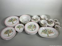 Full set arranged showing all plates, bowls, mugs, saucers, and serving dishes with detailed pattern visible.
