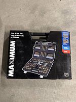 Box of Maximum Tap and Die Set showing 86 pieces with metric and SAE sizes.