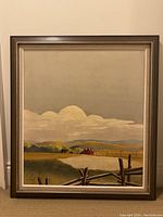 Full view of framed landscape painting showing rural scene and frame