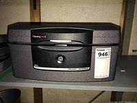 Photo of closed Sentry Safe H2100 showing front lock, brand, and fire-safe waterproof labeling.