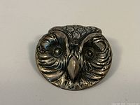 Front view of sterling silver owl brooch showing detailed owl facial features and polished finish.
