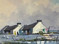 Close-up of brushwork showing white seaside houses, figures and water reflections