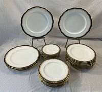 Five 10.5" dinner plates displayed upright on stands with remaining plates stacked in front.