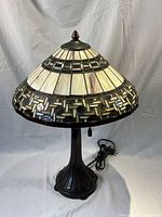 Full view of lamp showing shade, base, pull chains and cord