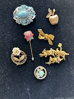 Full view of assorted vintage brooches and stick pin on black background.