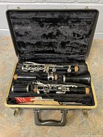 Overview photo showing clarinet pieces laid in the plush-lined case with accessories arranged.