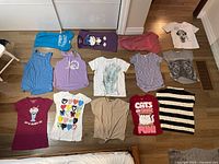 Top view of 13 girl/teen t-shirts and tops arranged on floor showing various colors and prints