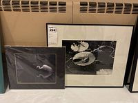 Two animal themed photographs, one custom framed titled 'Frog' and one matted photograph of a swan, placed against a heater