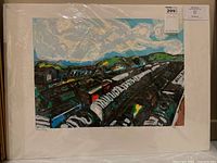 Front view of matted serigraph in protective plastic showing full image of train yard under cloudy sky
