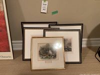 Photo showing all 5 framed lithographs stacked against a wall showing gold and black frames.