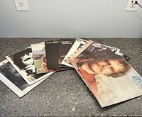 Eight Gordon Lightfoot vinyl record albums laid out on a counter, showing a variety of cover art featuring the artist's portrait and scenic backgrounds.