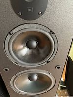 Close-up of lower midrange and woofer on one speaker showing newly re-foamed cone and surrounding mounting screws.