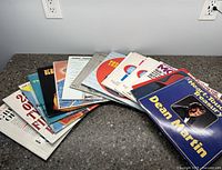 Front view of vinyl records laid out, showing album cover art including Dean Martin and others.