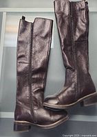 Pair of Aldo brown leather knee-high riding boots side view showing full height and low heel.