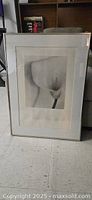 Framed black and white photographic poster of a calla lily flower.