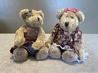 Two plush bears seated side by side on a surface with neutral background, showing full body and outfits.