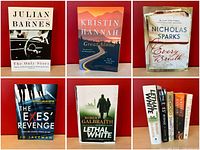 Front covers of five fiction books: The Only Story, The Great Alone, Every Breath, The Exes' Revenge, and Lethal White arranged in a grid.