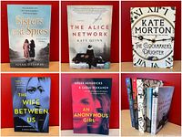 Frontal cover view of 5 novels including 'Sisters and Spies', 'The Alice Network', 'The Clockmaker's Daughter', 'The Wife Between Us', and 'An Anonymous Girl' arranged in two rows.