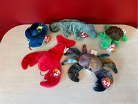 Five TY Beanie Baby animals laid out on a wooden surface against a red background, showing front view.