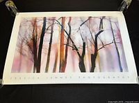 Front view of the photography print with winter tree scene and Jessica Jenney Photography signature.