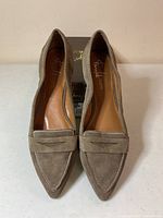 Top view of the pair of taupe Franco Sarto Joella flat shoes showing pointed toes and suede material.