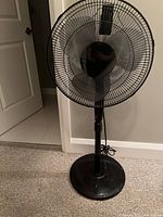 Front view of the black Terra Gear pedestal fan with round mesh guard covering the blades and cord on the floor behind the base.
