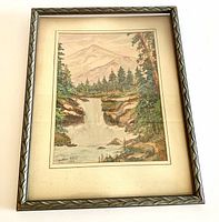 Front view of the framed watercolour painting showing the entire artwork, wood frame with silver antiqued finish and parchment matte.